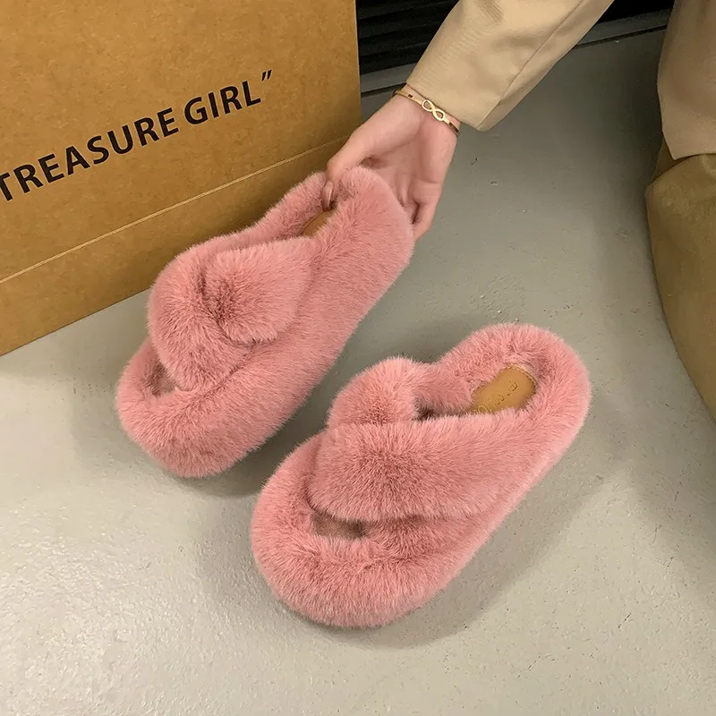 Home Slippers Women's Flock Fur Shoes Slides Fashion Pantofle Platform Massage Soft Plush Luxury 2024  Shoes Women Massage Slipp