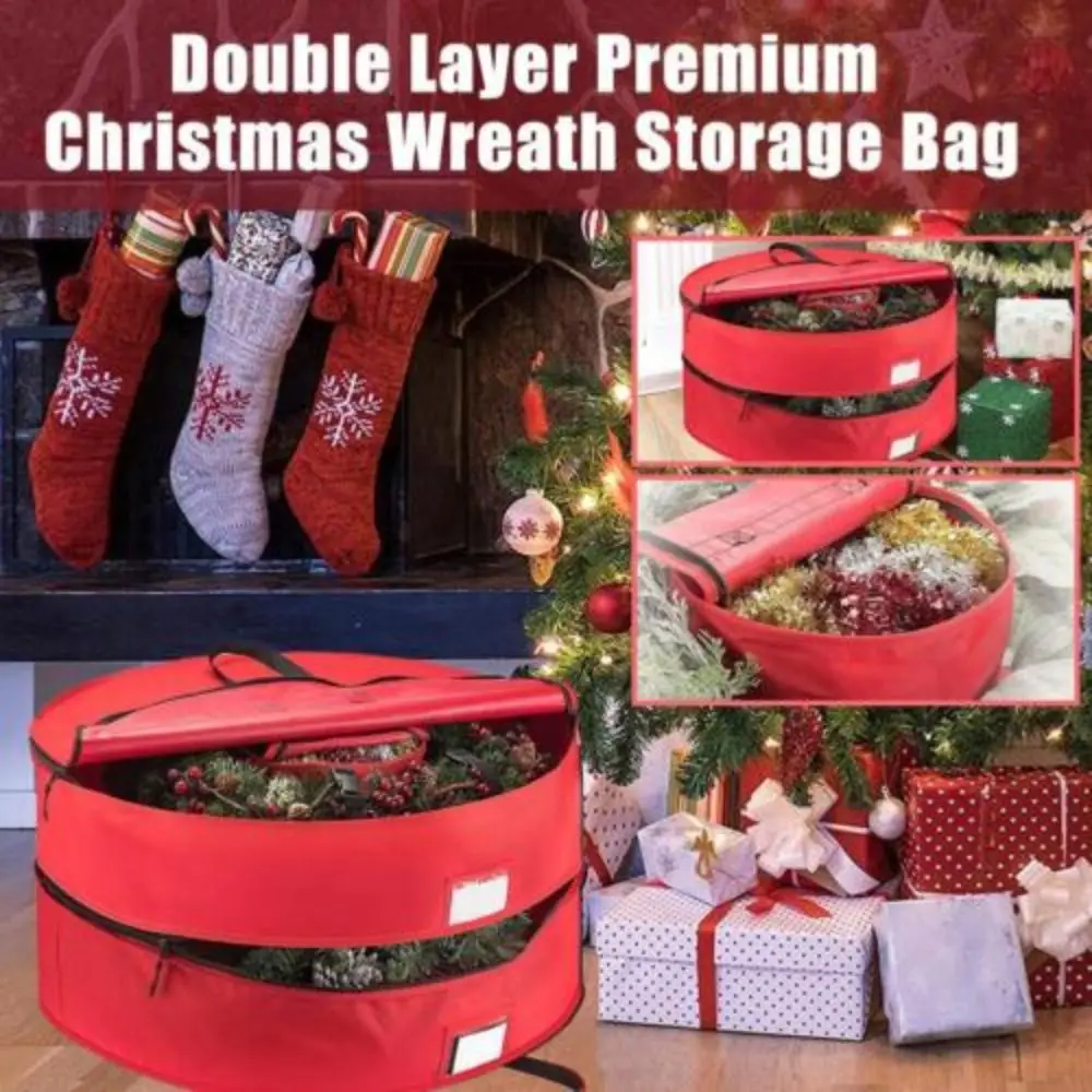 Double Layer Christmas Wreath Storage Bag with Zipper and Handles Stackable Wreath Storage Container Thickened Large Capacity