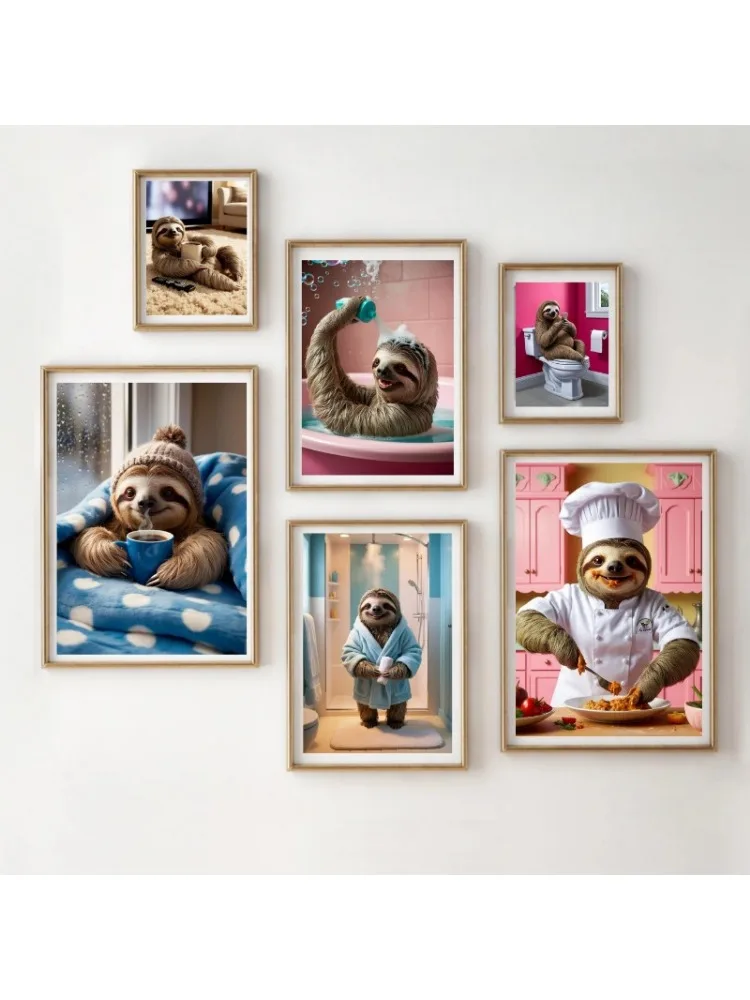 Leuke luiaard serie poster print canvas kunst foto's huis voor woonkamer keuken badkamer muur moderne decor frameloze schilderij - afbeelding 2