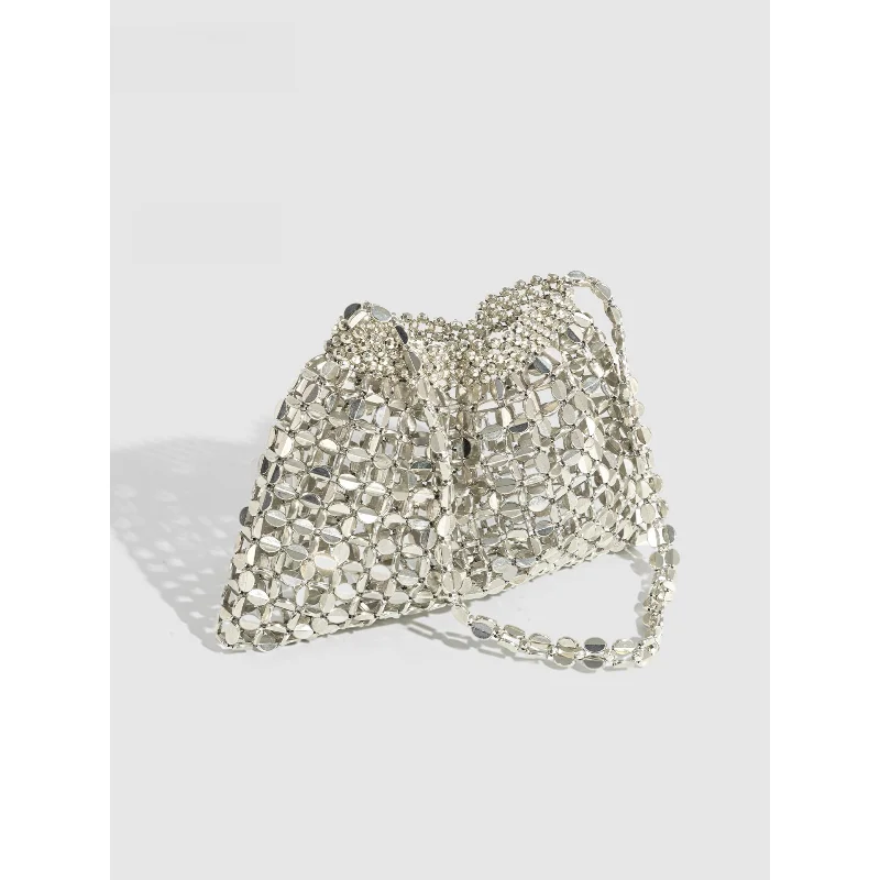 2 Piece Silver Metallic Clutch Set, Geometric Cube Shoulder Bag with Canvas Drawstring Pouch, Party Evening Handbag Set