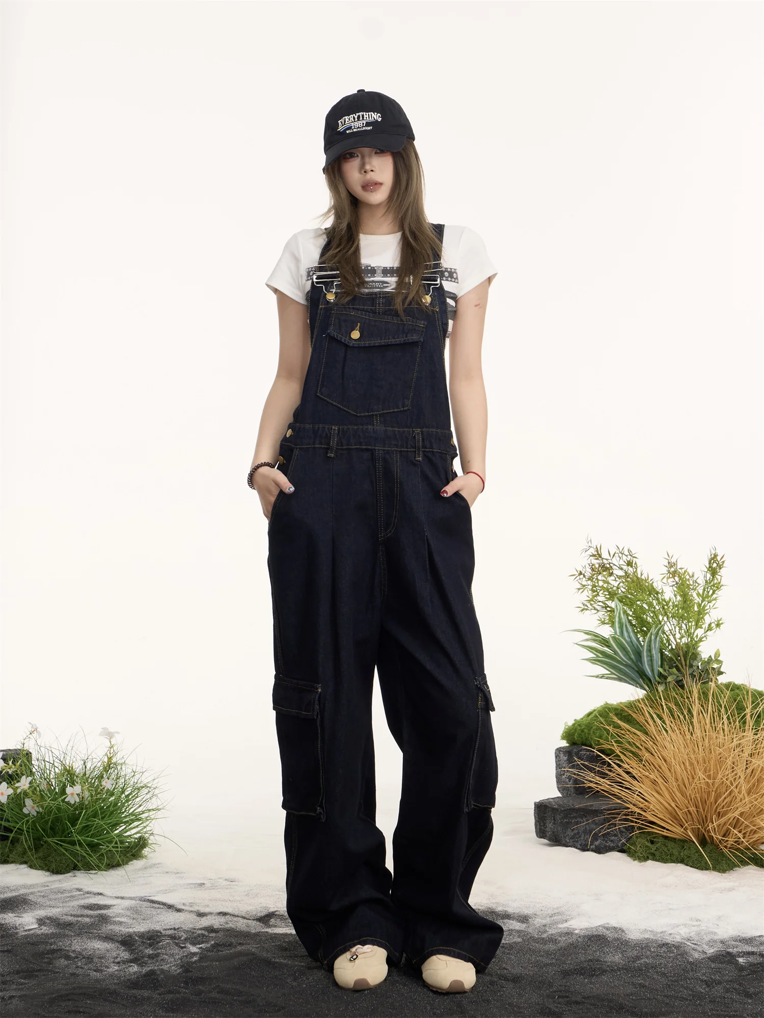 

Женские свободные повседневные джинсовые комбинезоны с широкими штанинами и множеством карманов в американском ретро-стиле, модные джинсы для весны и лета