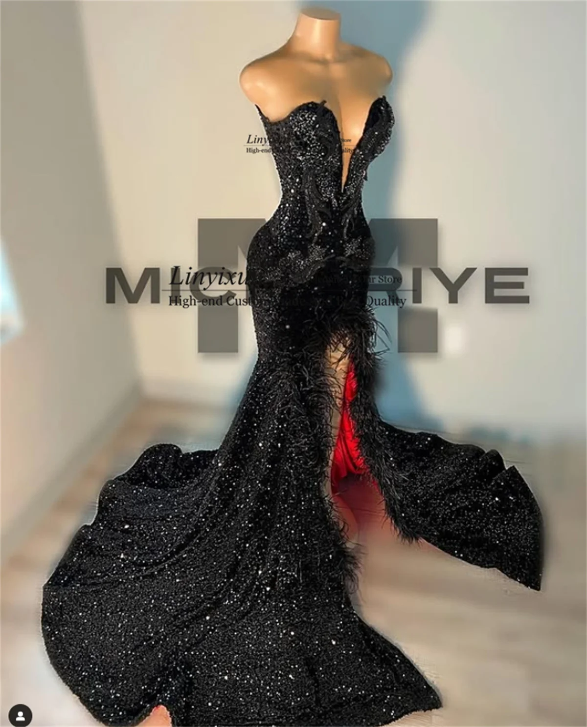 

Роскошные платья для выпускного вечера русалки с бисером и кристаллами 2025 года, вечернее платье с аппликациями и перьями, вечернее платье с разрезом по индивидуальному заказу, черные платья для девочек