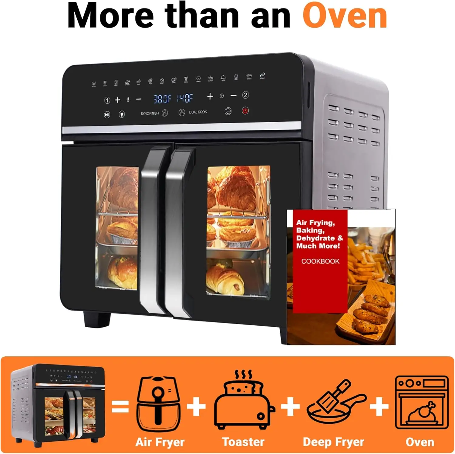 24Qt Large Air Fryer Toaster Oven - 15 Functions, Dual Zone Control, Stainless Steel, 13 Accessories & Cookbook