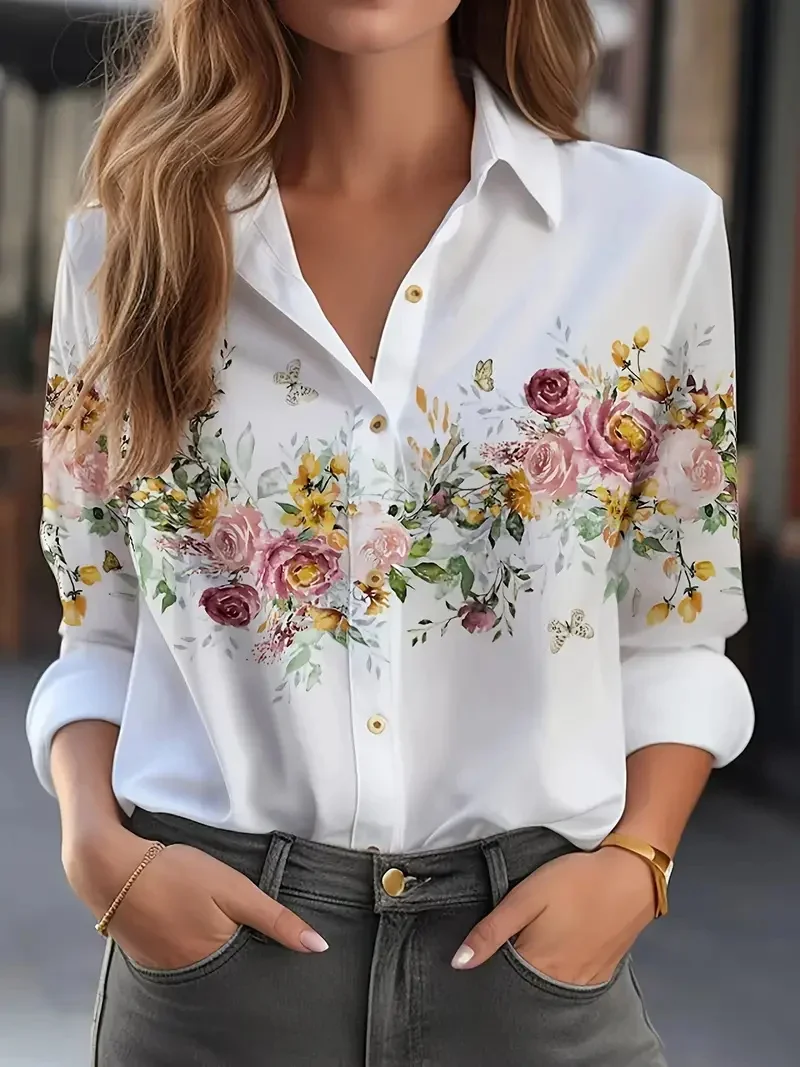

Women's Shirts Slim, Sexy, Soft and Comfortable Floral Long Sleeve Sun Shade Lapel Shirt New Women's 2024 Spring and Summer