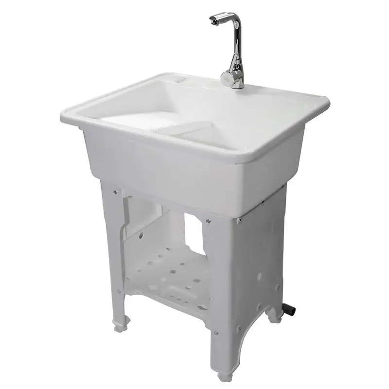 A3-65 White Plastic Utility Sink Laundry Tub with Hot & Cold Water Faucet for Home, Garage, or Shop
