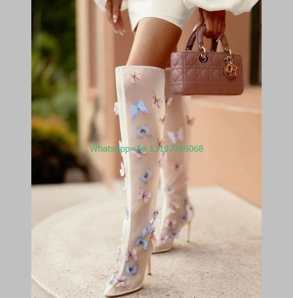 Lady 3D-purple butterfly design mesh knee boots pointed toe cut-out elegant white boots hollow dance vintage ballet boots size