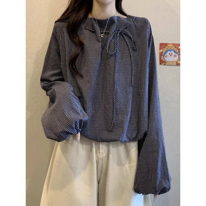 

2025 New Striped Long-sleeved Shirt Loose Autumn Fashion Casual Round Neck Strap Top for Women
