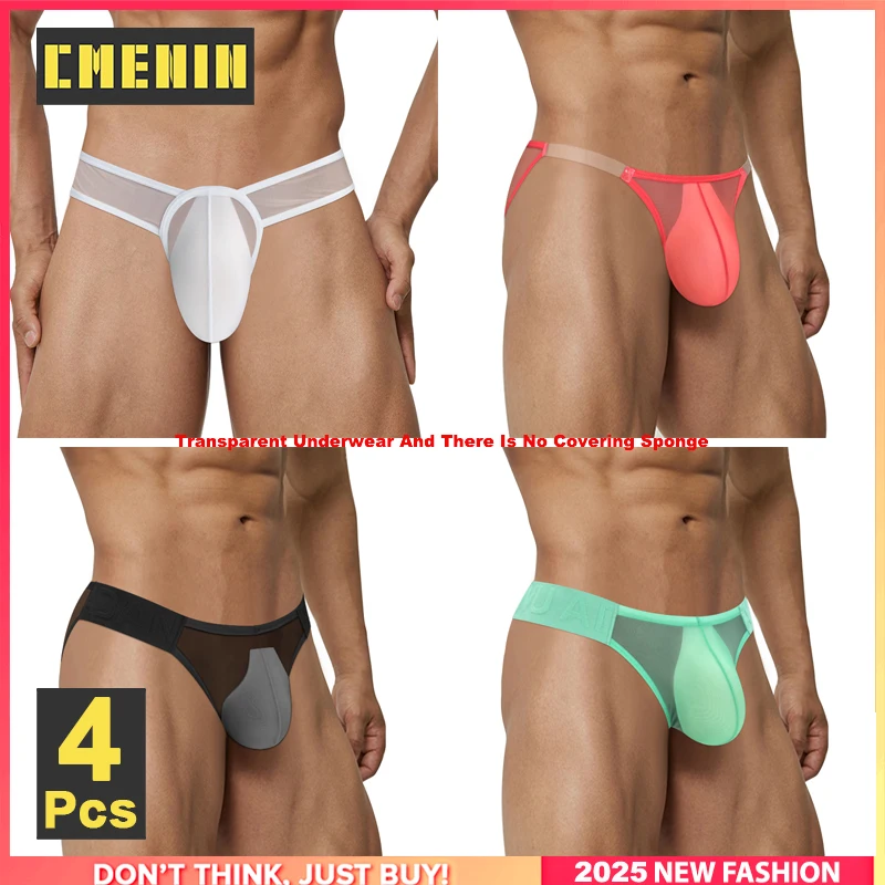 Cmenin 4 pçs sexy roupa interior masculina malha transparente cuecas masculinas ultra-fino respirável gays homem biquíni breve troncos