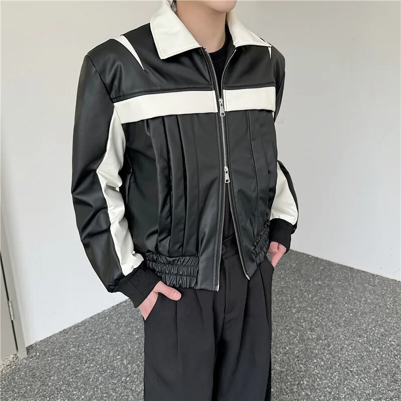 Korean Style Personality Cohntract Color Pleated Men's Jackets Casual Lapel Zipper Loose Male Short Coat New 2024 Autumn