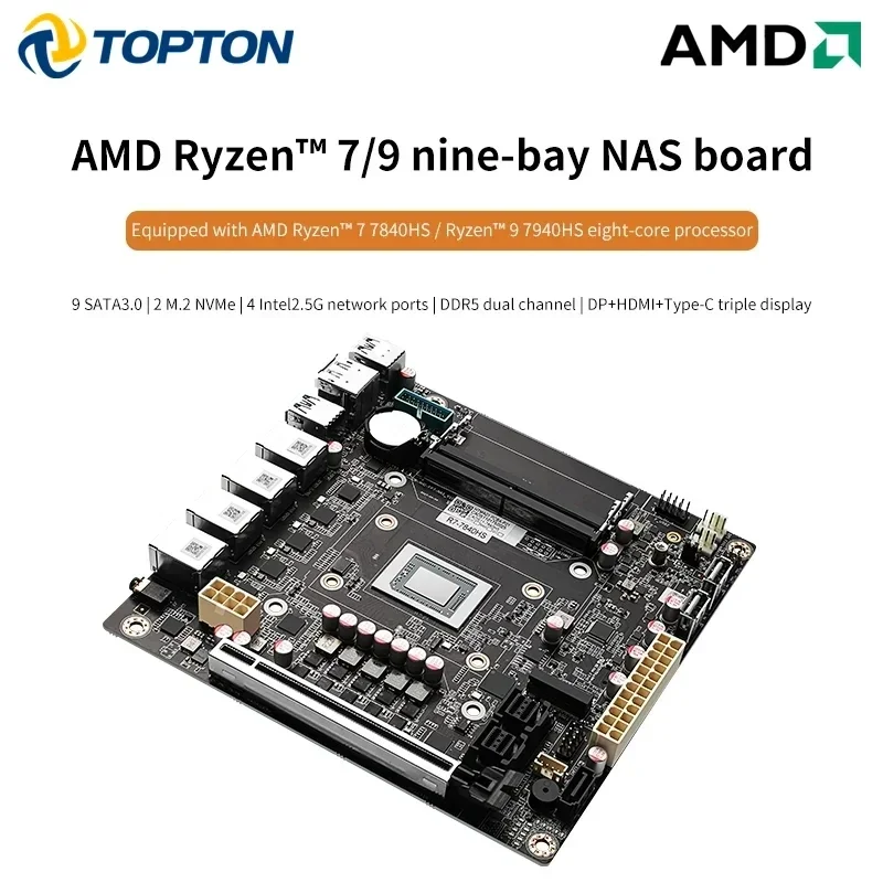 AMD R7 8845HS R9 7940HS 9-Bay NAS Motherboard USB4 4xi226-V 2.5G LAN 9xSATA3.0 2xM.2 NVMe PCIE X16 2xDDR5 17X17 ITX Firewall
