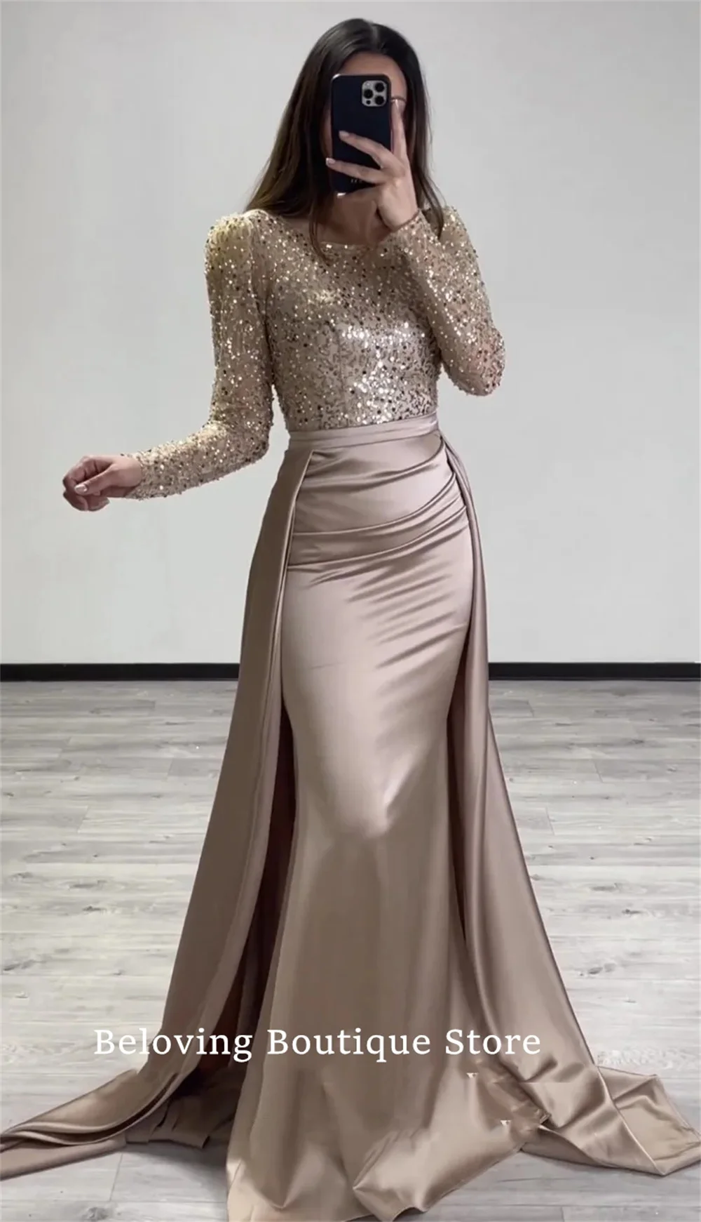 

Sparkly Evening Dresses Detachable Skirt Long Sleeves Custom made Celebrity Dress Mermaid Prom Party Gowns robe de soirée femme