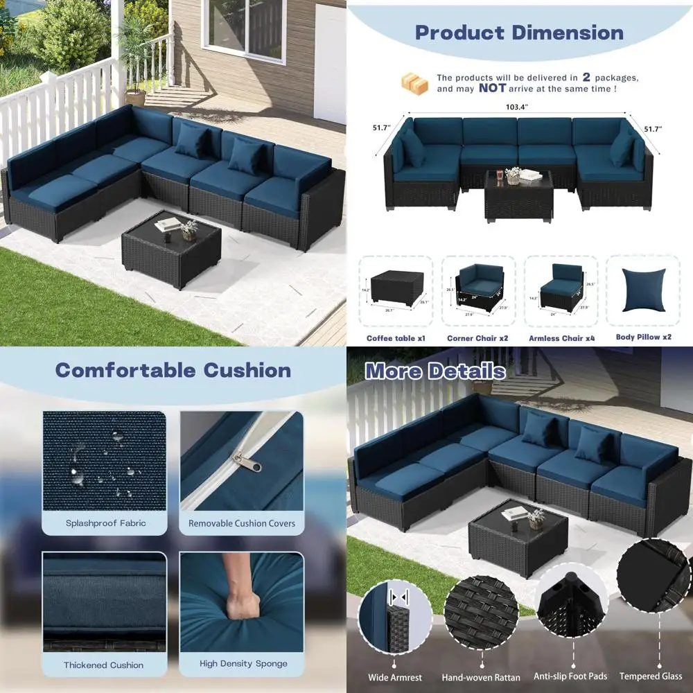 

7-Piece Outdoor Patio Furniture Set: Rattan Chairs, Glass Table, Wicker Sofa with Cushions, Colorful