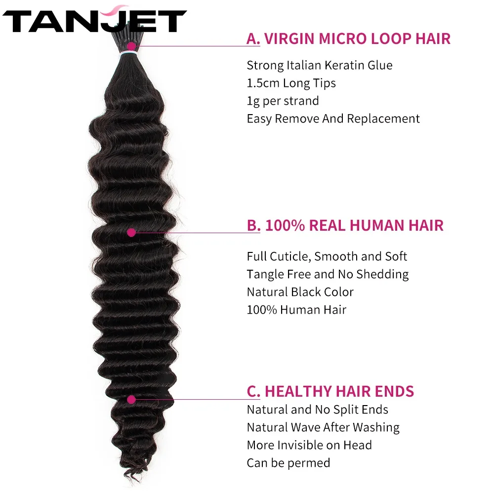 Deep Wave Curly I Tip Microlink Hair Extension s capelli umani Black Women Natural Italian Keratin Capsule Micro Ring Hair Extension