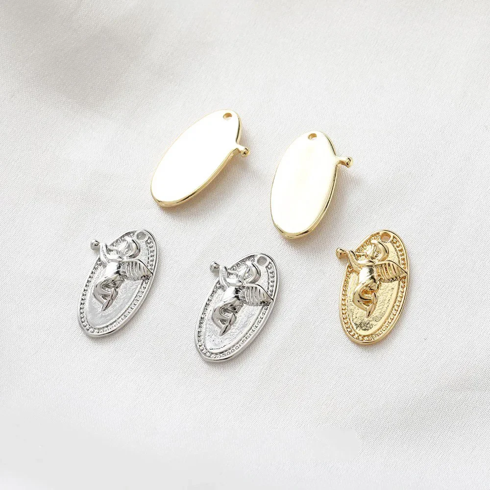 4PCS 14k Gold Plated Elliptical Angel Cupid Necklace Pendant Jewelry Findings and Charms DIY  Earrings Supplies Components