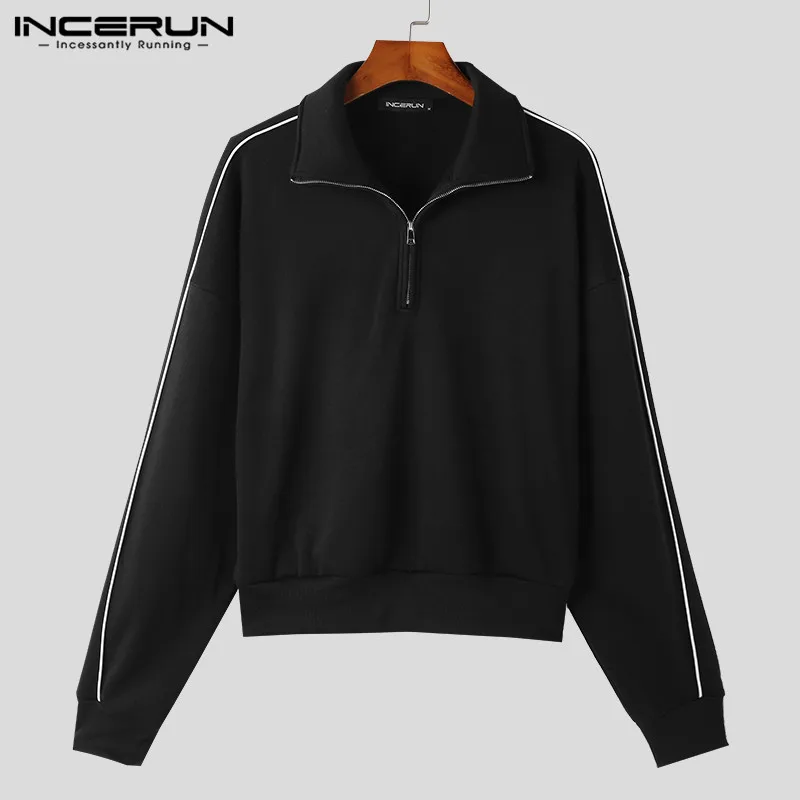 INCERUN Tops 2023 Korean Style New Mens Casual Zipper Half High Neck Design Sweater Fashion Street Solid All-match Sweater S-5XL