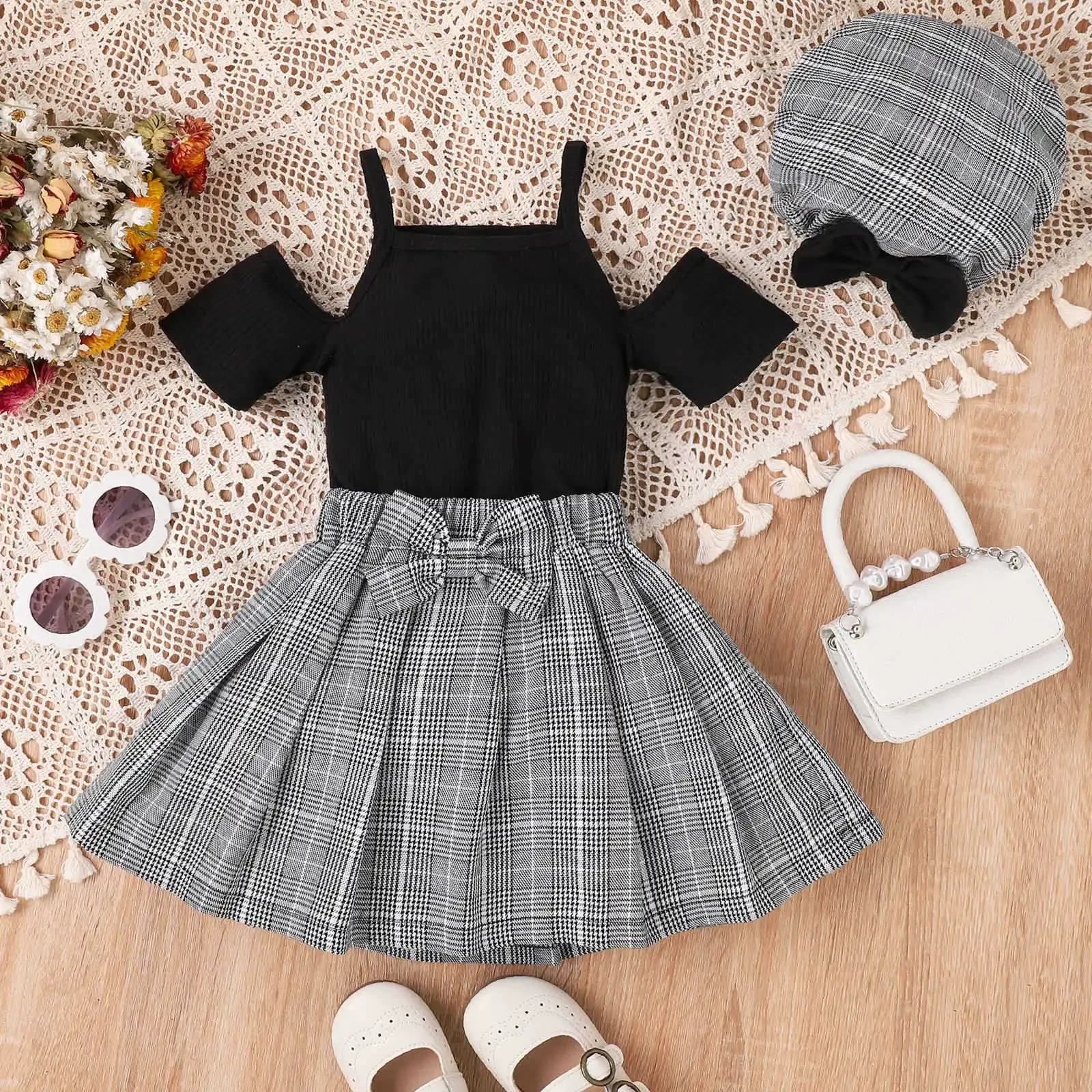

Summer Children's Clothing Sets For Girls Strap Off Shoulder Short Sleeve+ Checkered Bow Short Skirt +Hat 3Pcs Sets Clothes 4-7T