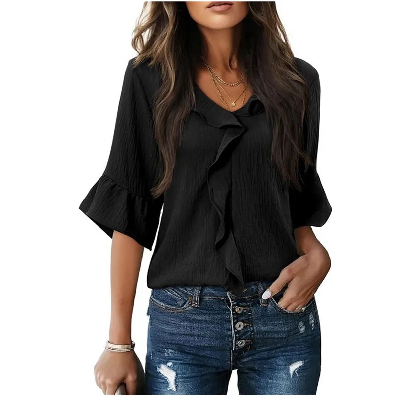 

Новые летние элегантные модные блузки 2026 года: женские рубашки с рюшами и V-образным вырезом, повседневные свободные однотонные топы, женская одежда свободного кроя