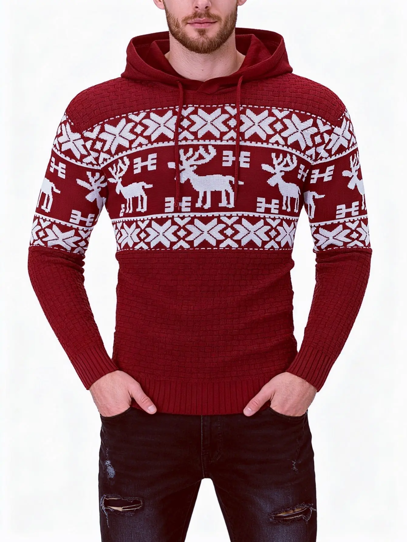 LVLAEA Christmas Elk Pattern Embroidery Men Winter Fall Hoodies Long Sleeve Y2K Warm Fashion Jacquard Hooded Sweatershirt for Me