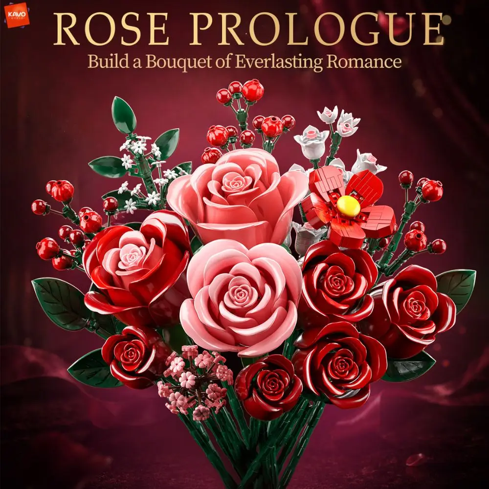 KAVOWORLD 889-teiliges Rosenstrauß-Baustein-Set Ewige Blumen-Bauspielzeuge Heimdekoration Romantisches Geschenk zum Valentinstag