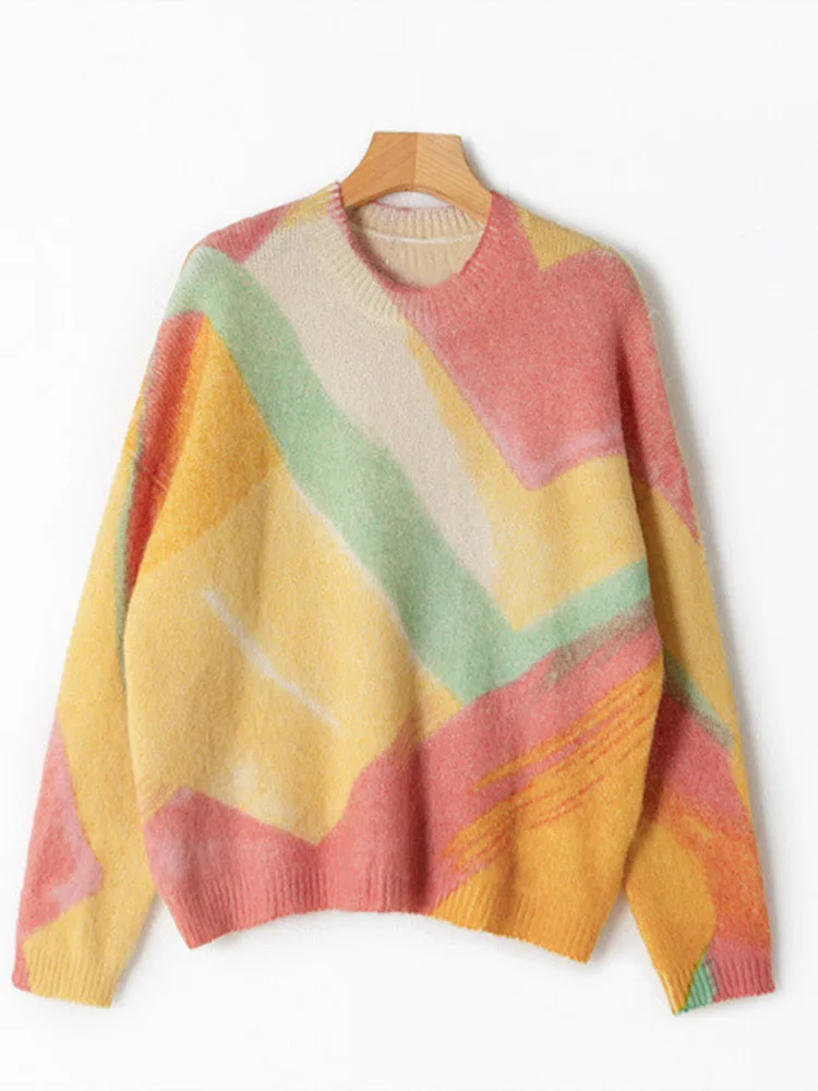 Wool Mohair Blend Women Sweater Colorful Oil Painting Loose Long Sleeve O-Neck Female Fresh Knitted Pullover Fall Winter 2024