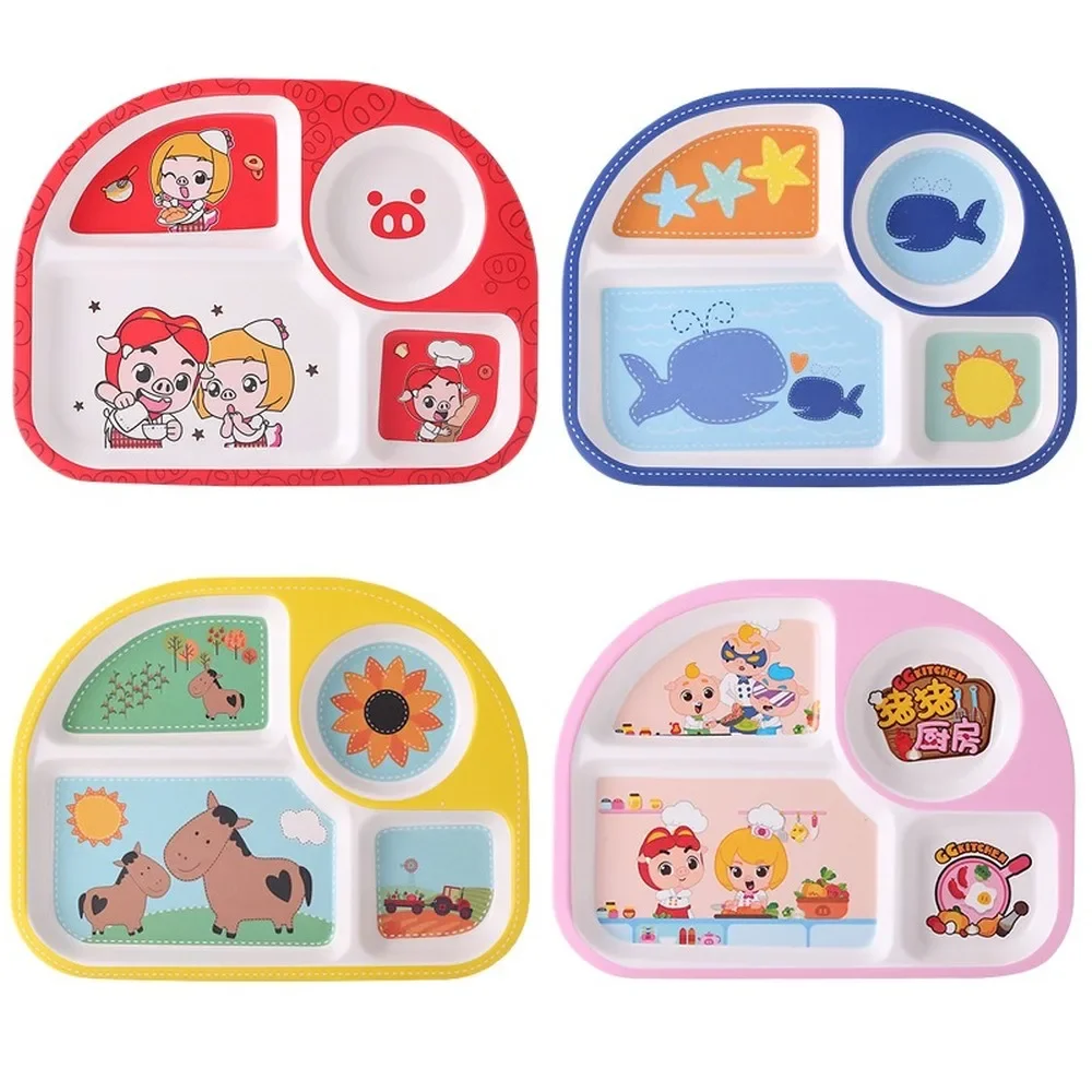 Cute Cartoon Pattern Bamboo Fiber Children Baby Kids Solid Food Feeding Grid Dinner Plate Tableware Dinnerware