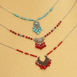 Vintage Jewelry Ethnic Silver Color Necklaces Women Gypsy Red/Green Turquoises Tassel Necklaces Alloy Flower Tibetan Jewelry