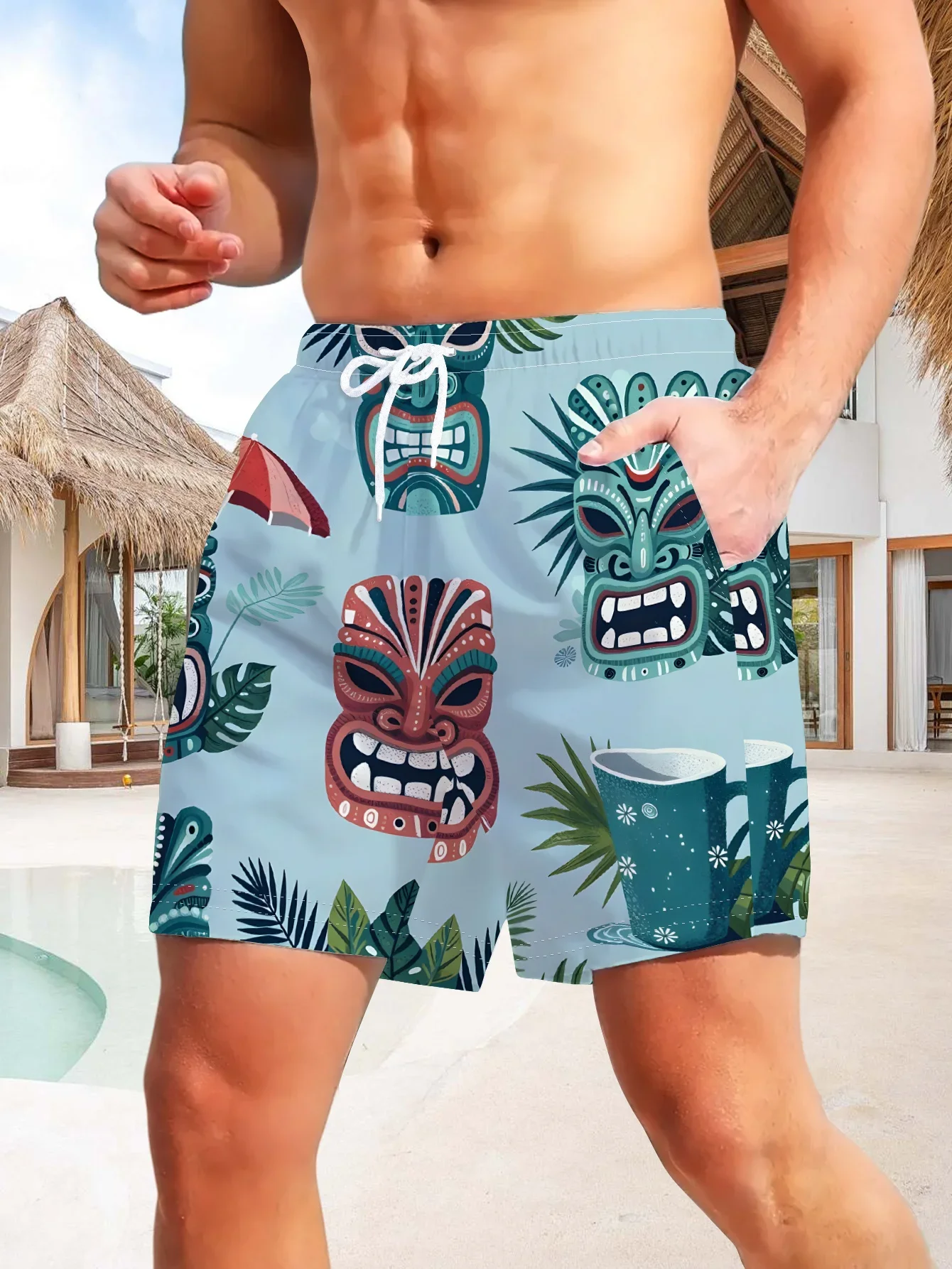 Men Aloha Hawaii Tiki Mask Tropical Fruit Flower Leaf 3D All Over Print Quick Dry Drawstring Beach Swim Boardshorts