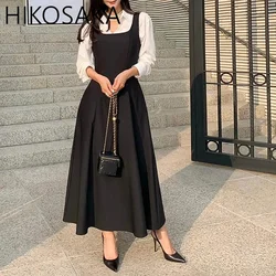 Korean Chic Commuter Elegant Slim A-line Dress Contrast Color Fake Two Piece Patchwork Vestidos Feminino2024 Autumn Fresh Robes