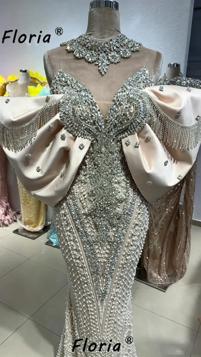 

2026 Customized Luxury Champagne Mermaid Evening Dress Strapless Rhinestone Beaded Satin Formal Party Gowns Wedding Guest Gown