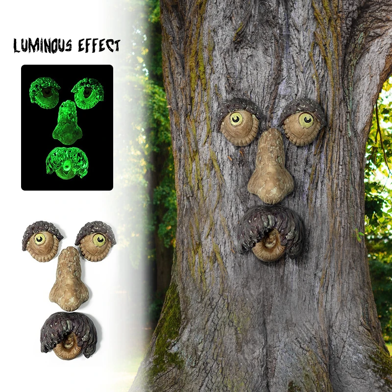 Outdoor Tree Face Decor Luminous Resin Bark Ghost Face Decoration Halloween Easter Funny DIY Home Garden Outdoor Tree Ornaments