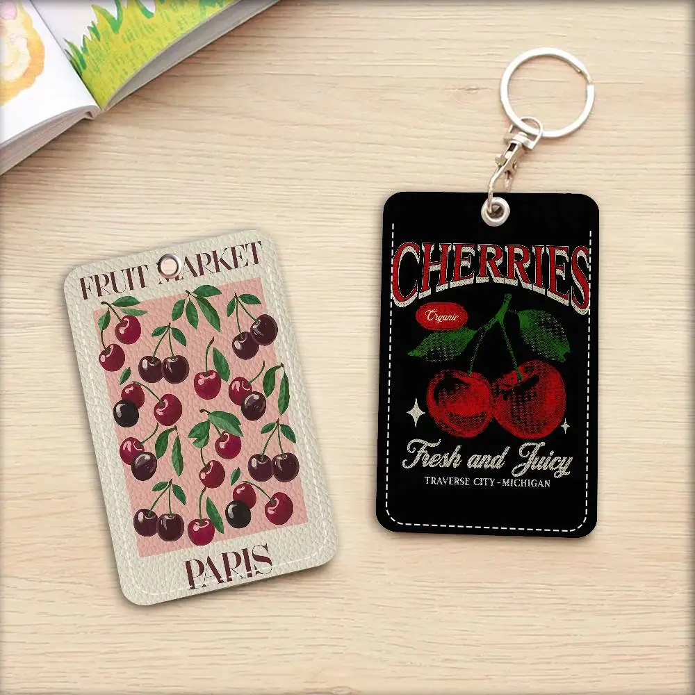 Cherry Simple Retro Classic Style Bank Card,Subway, Bus Card Holder Keychain Key Ring Door Access Tags ID Card Case Keychain