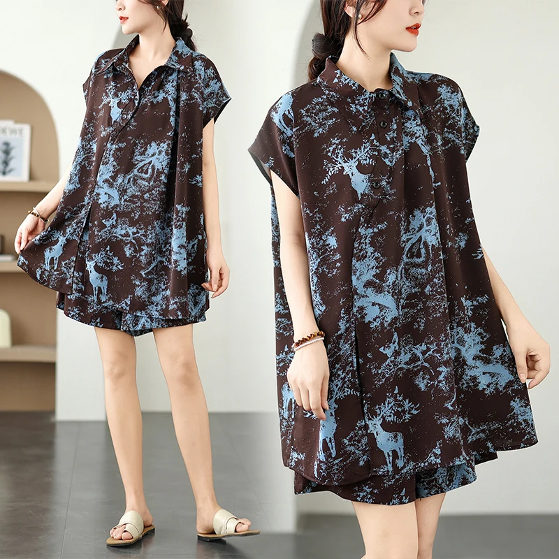 

Новый летний свободный комплект для похудения и эластичной резинки на талии Faion, комплект из двух предметов в китайском стиле, окрашенный дизайн, шифон с цветочным принтом...