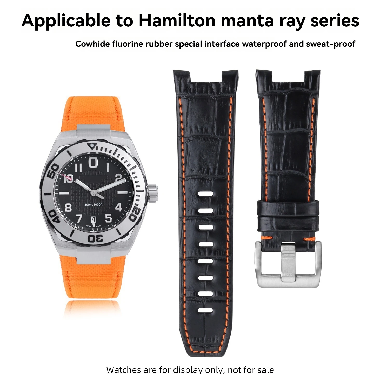 FKM Rubber & Genuine Leather Hybrid Watch Strap for Hamilton Khaki Navy Sub H78615985 H78615355 Notched Sport Replacement Band