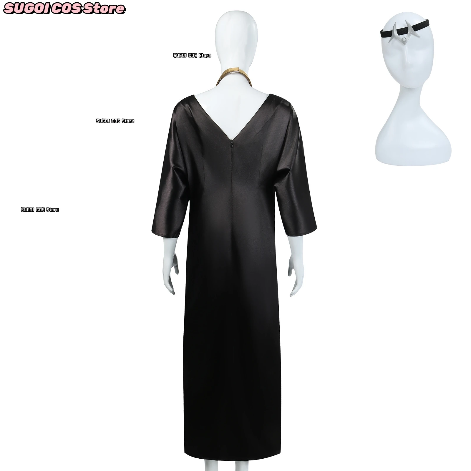 أنيمي Camearra تأثيري حلي أسود الخامس الرقبة سليم فستان طويل قلادة غطاء الرأس عصا للمشي ملحق لعب الأدوار بدلة الحفلات