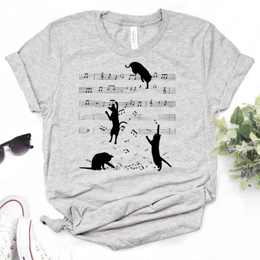 Black Cat Playing Musical Note t shirt women Y2K manga designer t shirt female comic Japanese graphic clothing