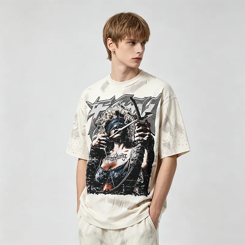 Vintage T-Shirt mit Kriegerinnen-Grafik für Männer, Distressed Gradient Washed Tee, Oversized Hip-Hop T-Shirts, Streetwear, Y2k-Kleidung, C – Detail 2