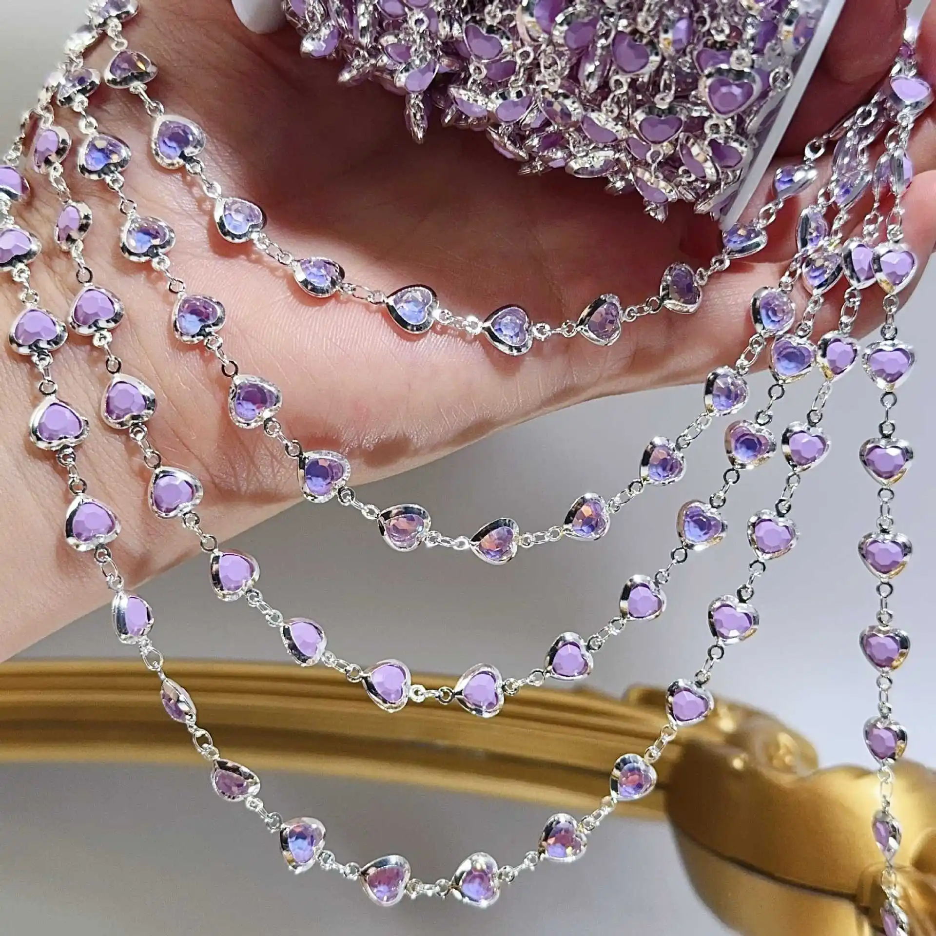 1 Meter Crystal Purple Love Heart Beads Copper Chain for DIY Bracelets Necklaces And Clothing Accessories image 2