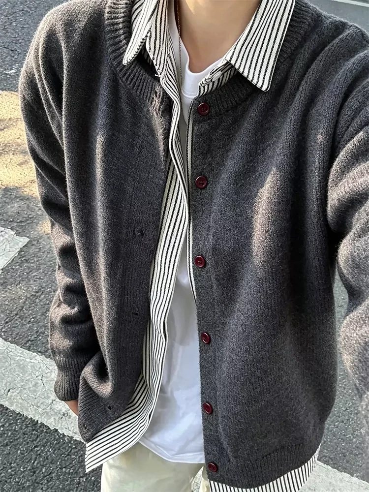 Deep Grey American Retro Knitted Cardigan Loose Fit Men's Sweater Casual Outerwear for Autumn Cleanfit Style Long Sleeve