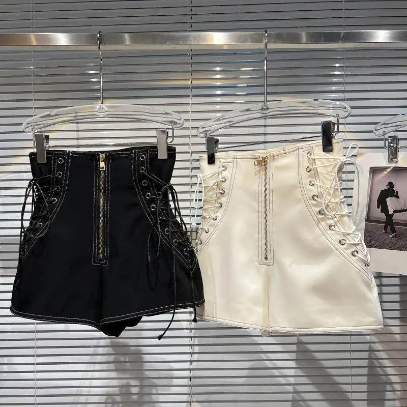 Fashion Spring Autumn Side Strap Design Casual Shorts Female High Waist Half Zipper Solid Slim Shorts for Women