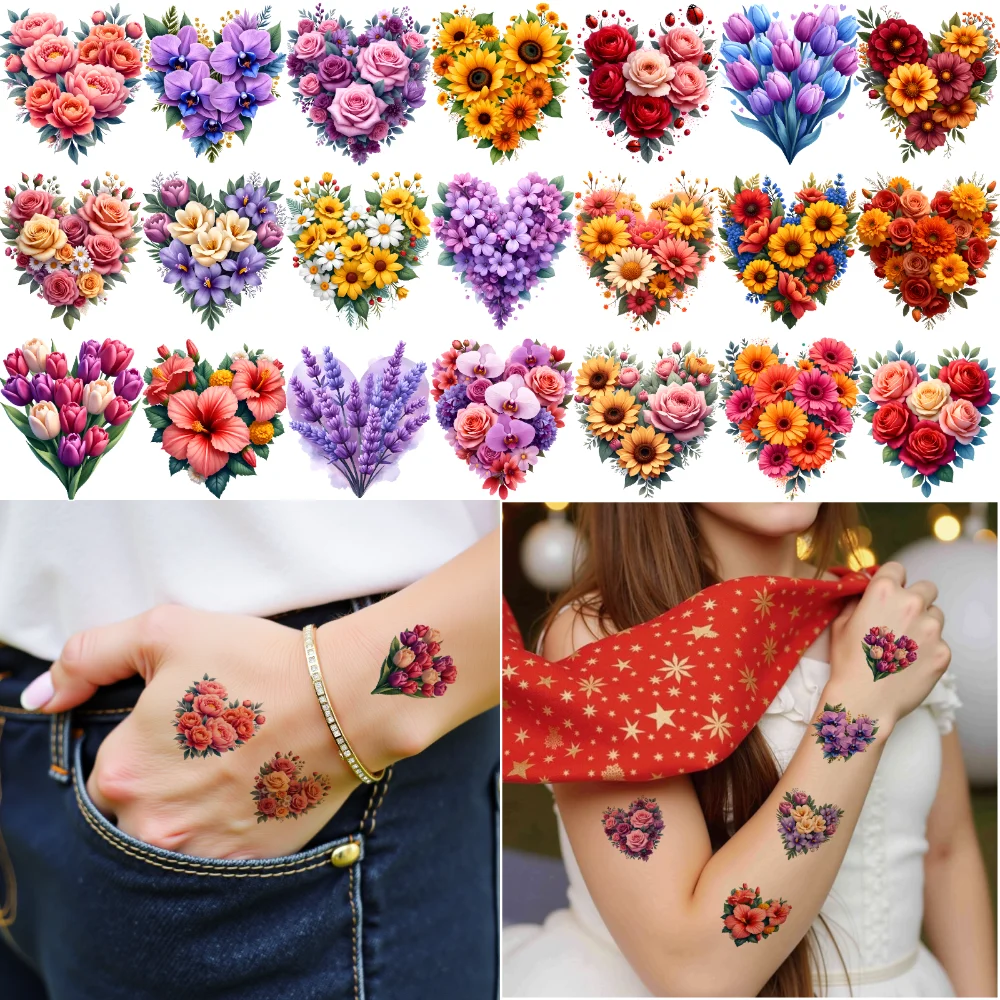 

63pcs Temporary Tattoo Heart Shapes Colorful Floral Designs Waterproof Long-lasting Body Stickers For Shoulders Women Adults