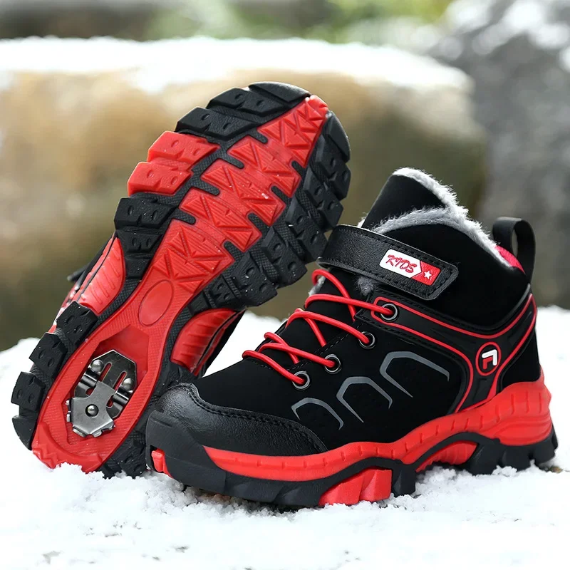 Winter children's casual sports shoes, long plush and thickened, outdoor hiking boots, non-slip and breathablewater proof