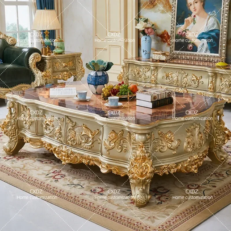 European full solid wood carving flower coffee table TV cabinet combination, French high-end villa living room furniture