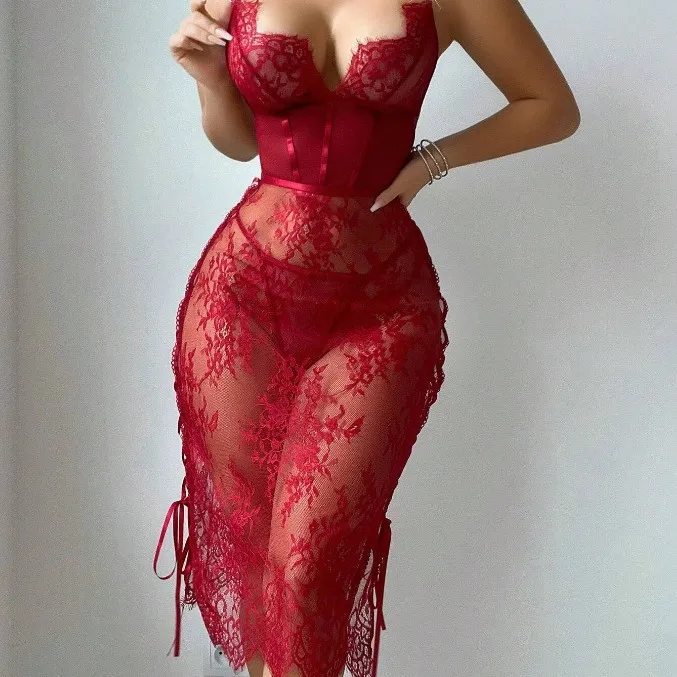 

Lace See-Through Lingerie Hollow Out Backless V Neck Chest Wrapping Wave Cut Bandage Women Dress Red Spaghetti Strap