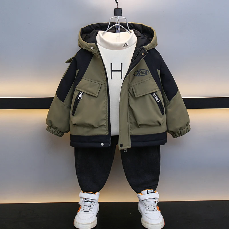 

Boys Fce Lined Parka Coat Children's Autumn Winter Sle New 2025 Cotton Jaet Baby Boy Deep Autumn Top with Hood