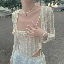 Dourbesty Fairycore Lace Knotted 2pcs Tops For Women's Spring Summer Outfits Long Sleeve Crop Tops + Camisole 2000s Streetwear