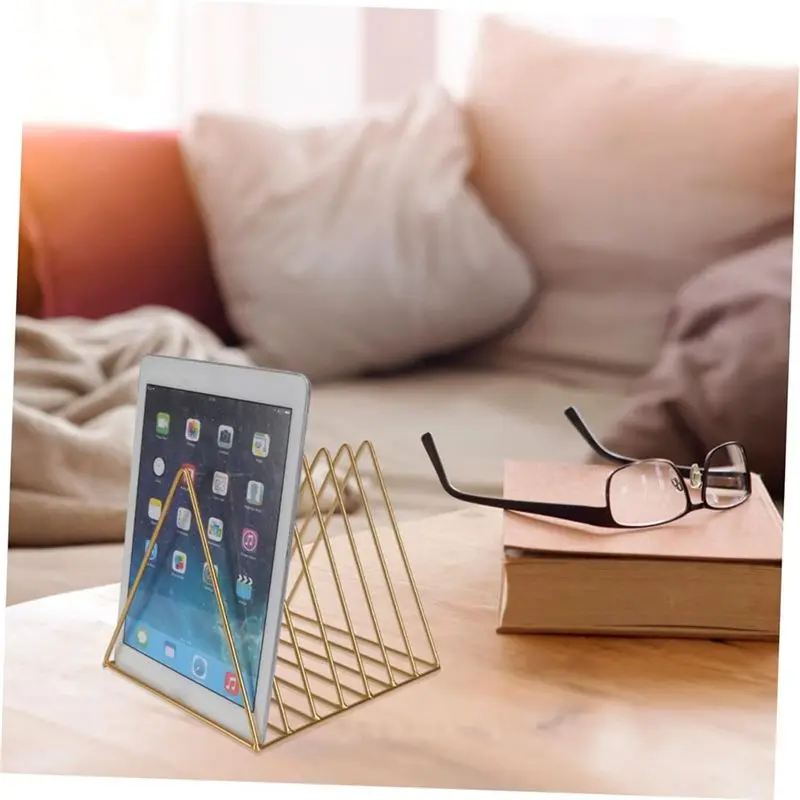 DT39 Desktop Triangular Book Stand, Gold Iron Bookshelf Organizer, Modern Storage Rack for Office Study Home