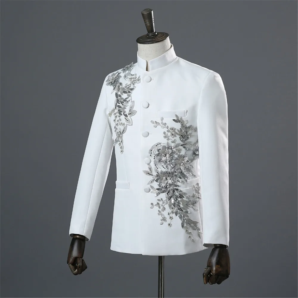 Chinese Tunic Men Mandarin Collar White Black Appliqued Blazer for Wedding Banquet Ceremony