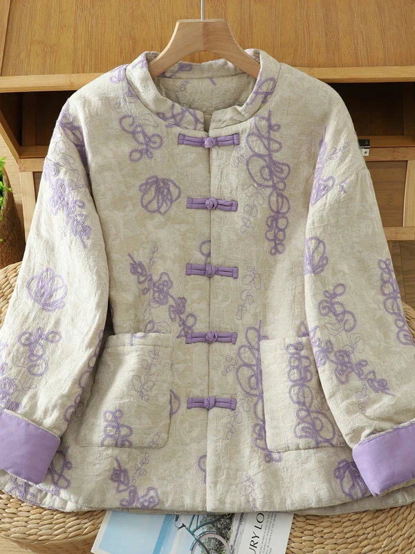 جايت نسائي فضفاض من القطن مع زر Sle صيني، ملابس شتوية دافئة جديدة مرقعة، معطف طويل بياقة واقفة