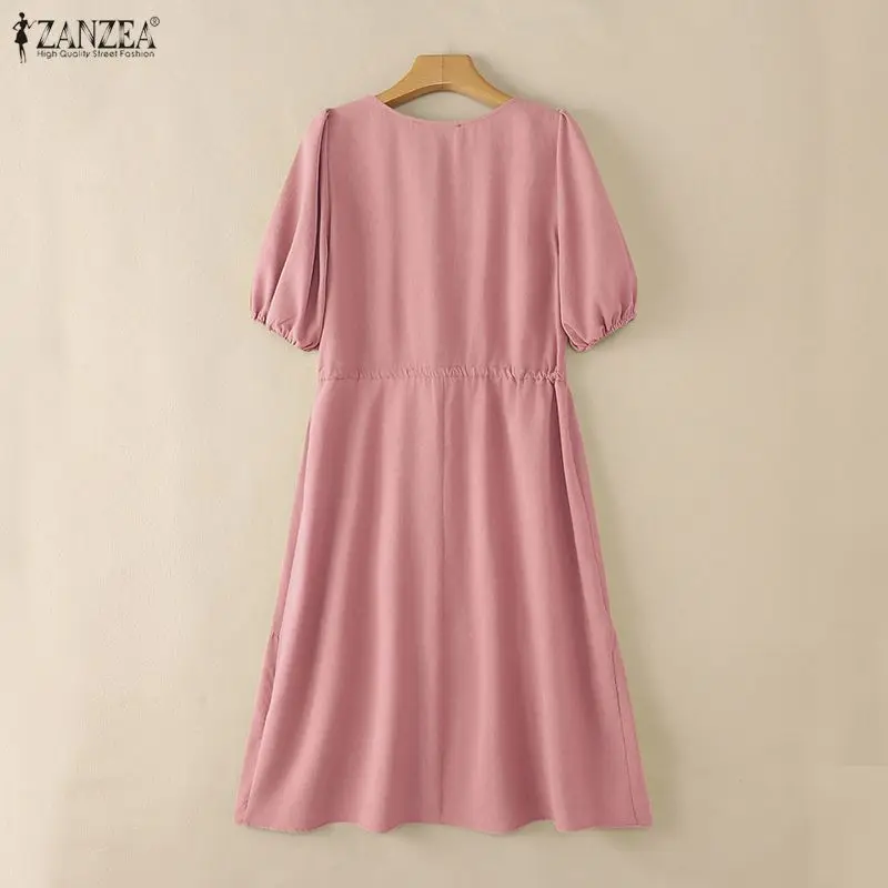 ZANZEA Women's Summer Midi Tea Dresses U-Neck Short Puff Sleeve Drawstring Waist Babydoll Dress Vacation Casual Robes Femme
