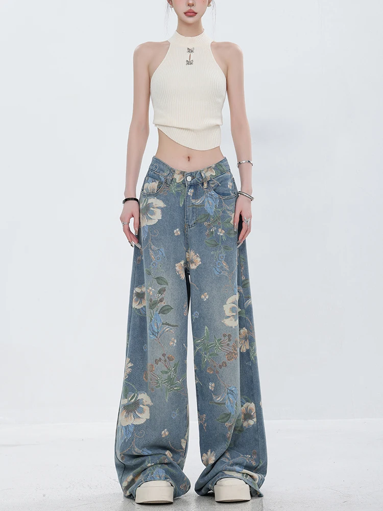 Fashion Printed Jeans 2024 Retro Floral Denim Mopping Trousers Korean Style High Street Loose Hip Hop Wide-leg Jean Pants